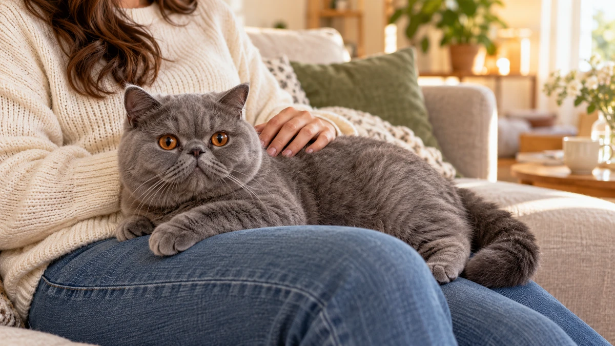 Exotic Shorthair kedi — sahibinin kucağında