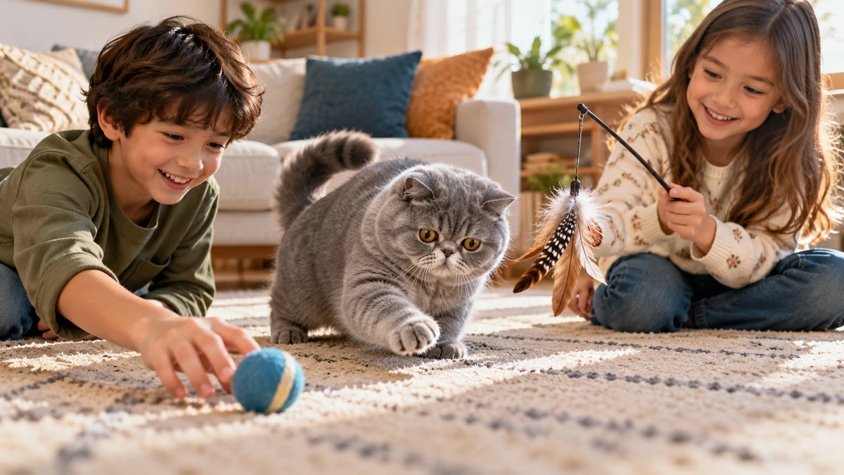 Exotic Shorthair kedi — çocuklarla oyun