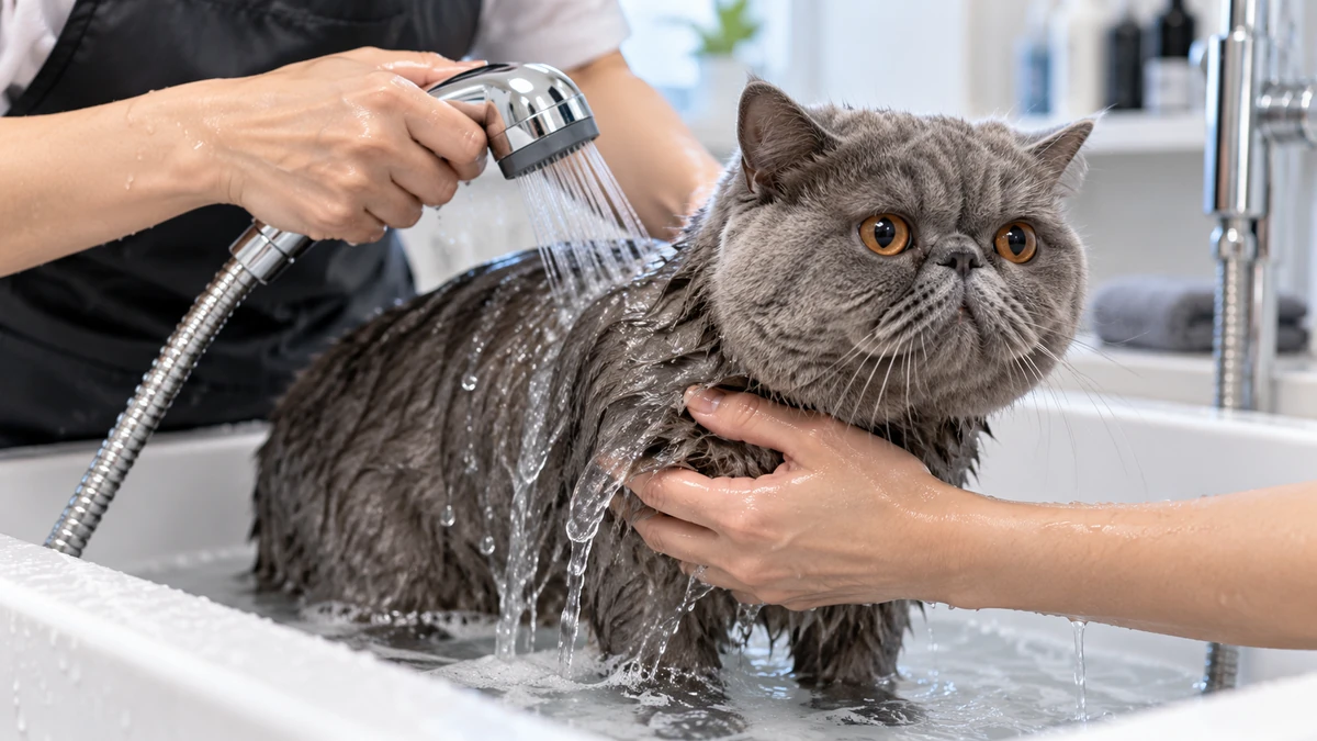 Exotic Shorthair kedi — banyo ve temizlik