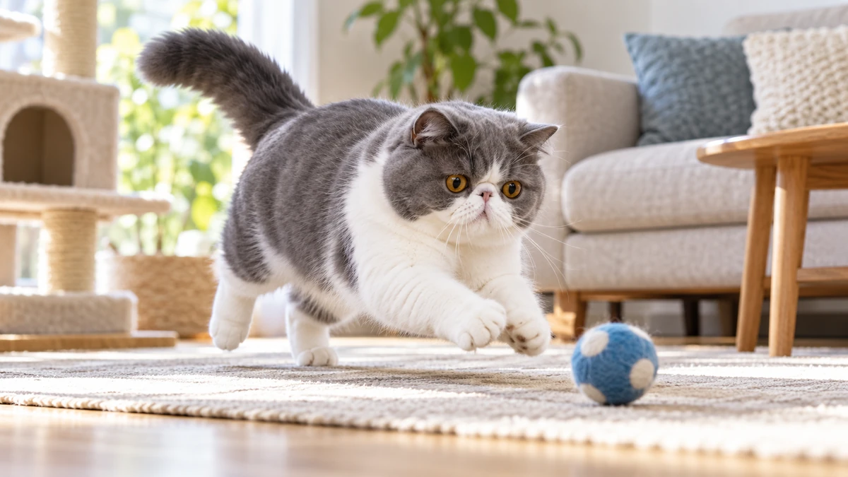 Exotic Shorthair kedi — oyun ve egzersiz anı